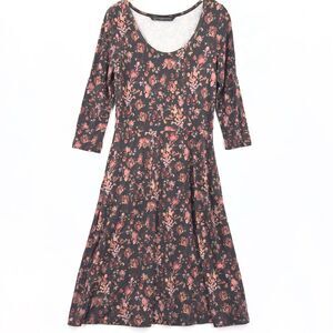 Peruvian Connection Small Midi Dress Black Floral Potpourri Pockets Stretch Boho
